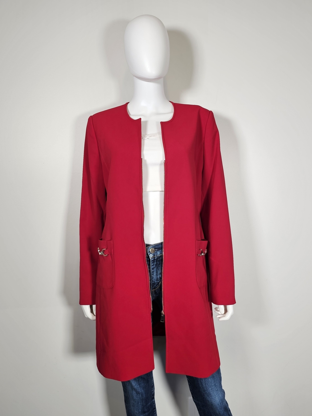 Melanie Lyne Tailored Red Front Zip Long Length Coat w/ Gold Details Sz 12